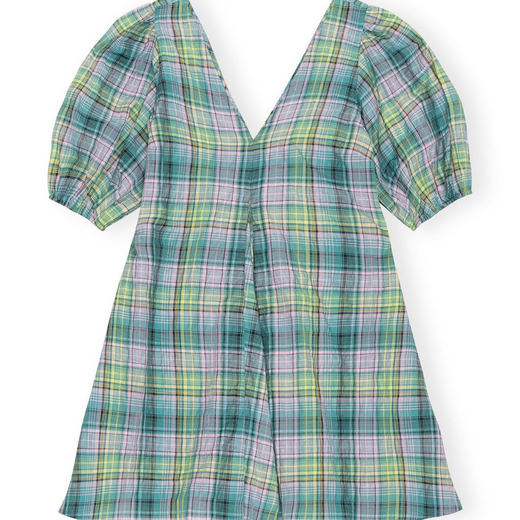 Ganni Seersucker Check V-Neck Mini Dress Multicolor Pastel Plaid Print Size 8